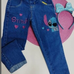 Calça Jeans Infantil Stitch Cordão Rosa Na Cintura Polho Kids