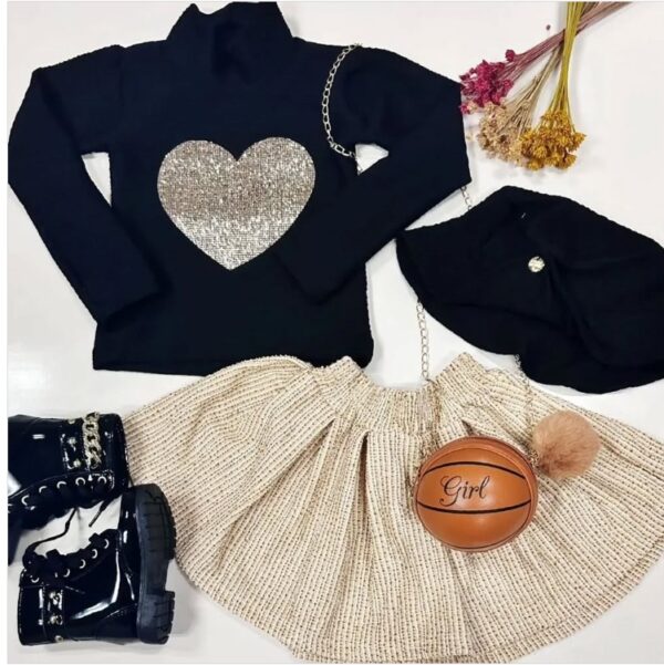 Conjunto Infantil Feminino Saia Com Blusa Manga Longa E Chapéu